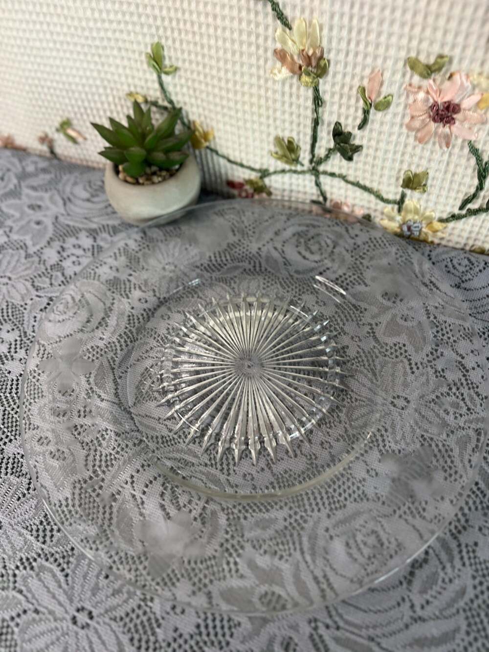 Vintage Gray Cut Glass Plate Wheel Etched Wheat and Flower Border Cut Rayed Star